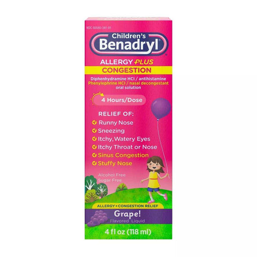 Children's Benadryl Allergy Plus Congestion Relief Liquid Grape - 4 fl oz - Shop Home Med