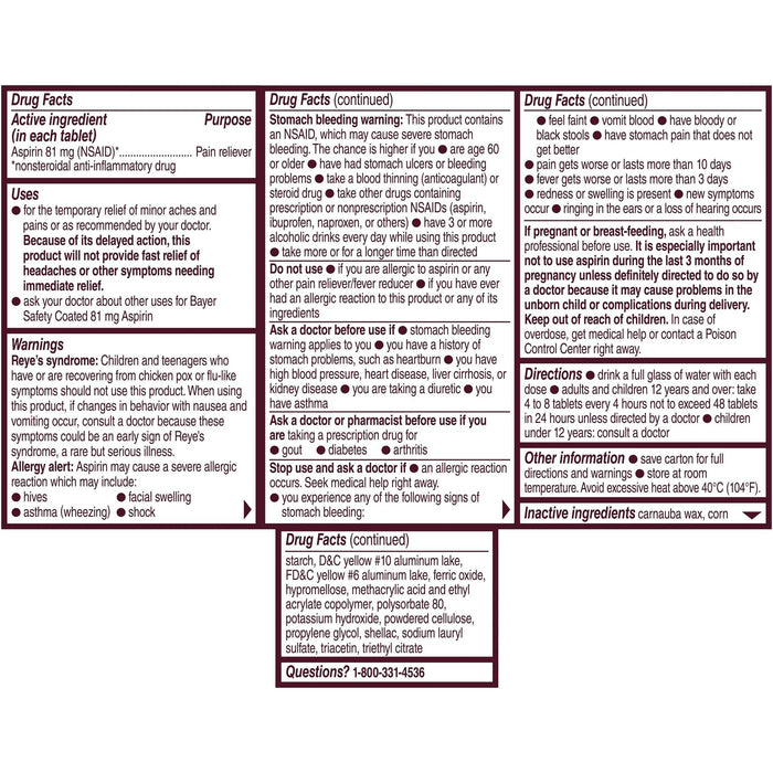 Bayer Aspirin Pain Reliever Low Dose 81mg Enteric Coated Tablets