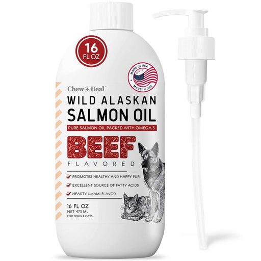Chew + Heal Pure Wild Alaskan Salmon Oil for Dogs and Cats - 16 oz. Beef Flavored Oil - Shop Home Med