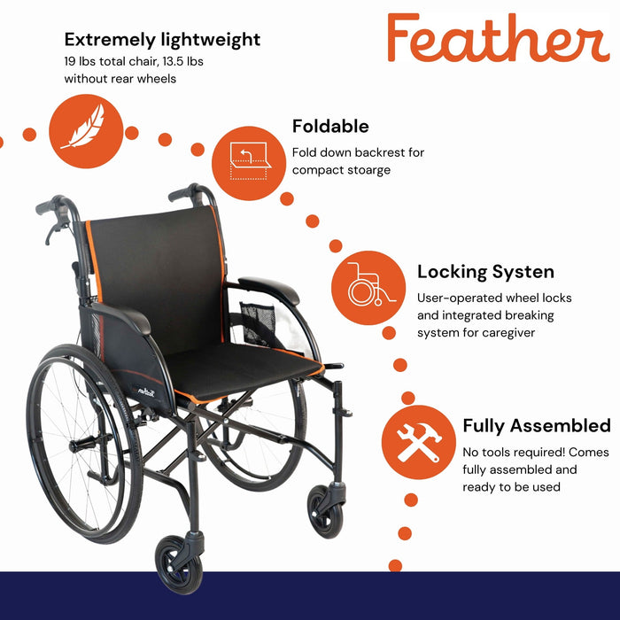 Feather 18" Lightweight Wheelchair World's Most Lightweight Chair ONLY 13.5 lbs