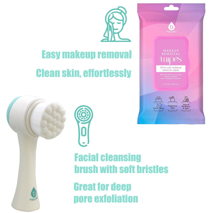 Pursonic Dual Sided Facial Cleansing Brush & Makeup Removal Wipes Bundle