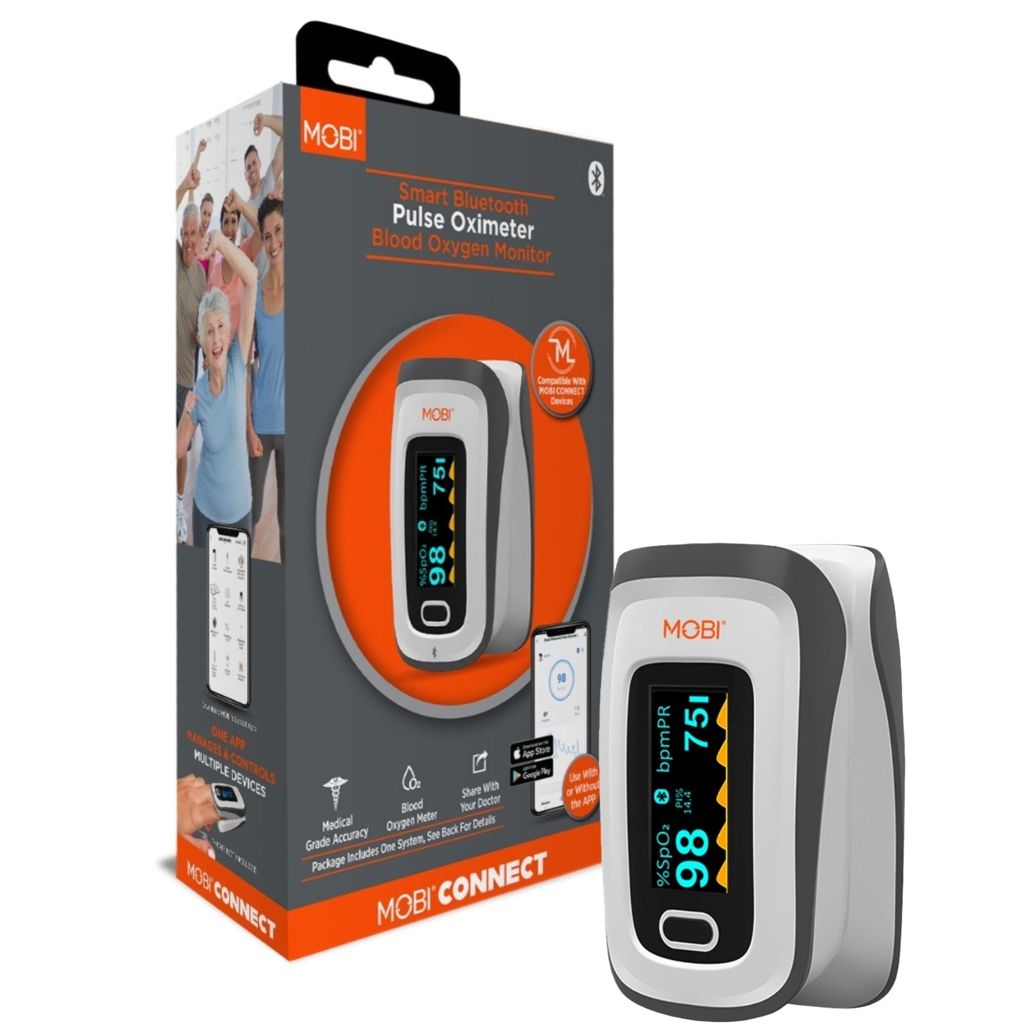 Mobi Smart Fingertip Bluetooth Pulse Oximeter Blood Oxygen Monitor