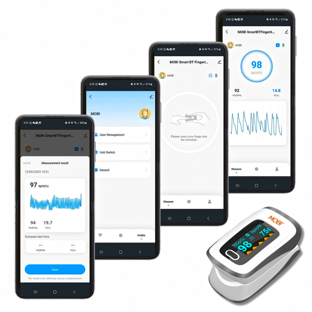Oxímetro de pulso Bluetooth de dedo Mobi Smart Monitor de oxígeno en sangre