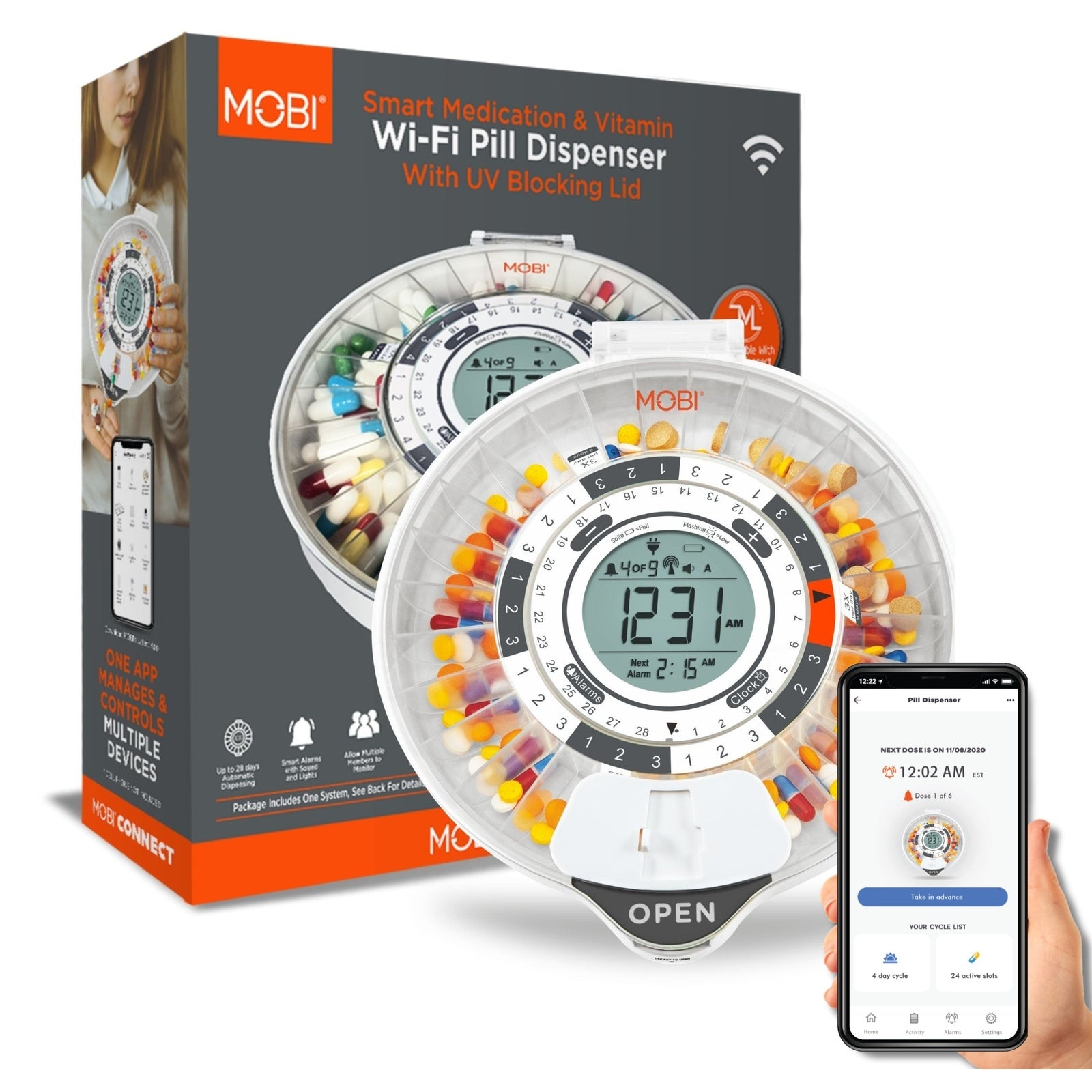 Dispensador de pastillas Mobi Smart Medication con WiFi y tapa con protección UV, capacidad para 28 días