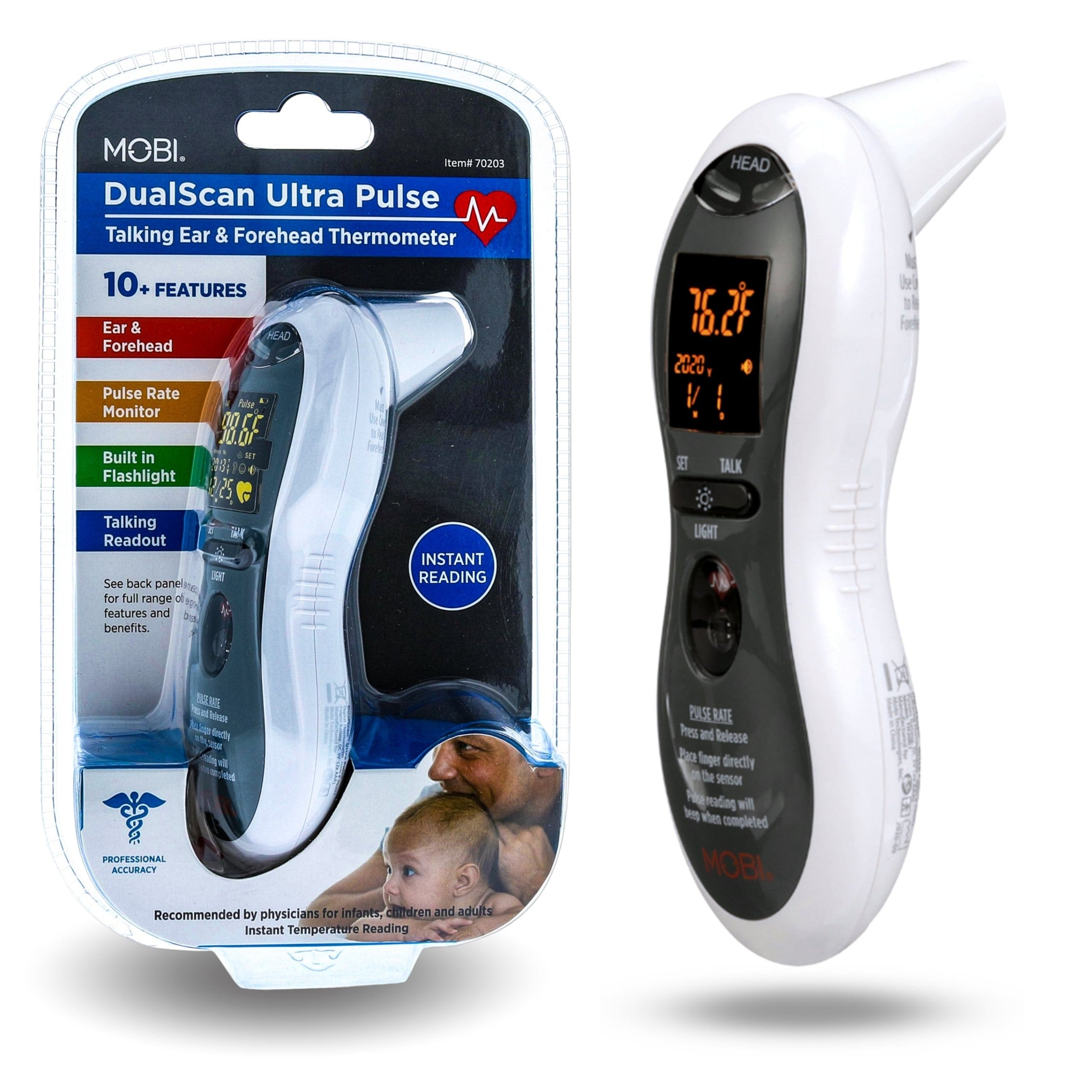 Mobi DualScan Ultra Pulse Talking Ear and Forehead Thermometer with 10+ Features