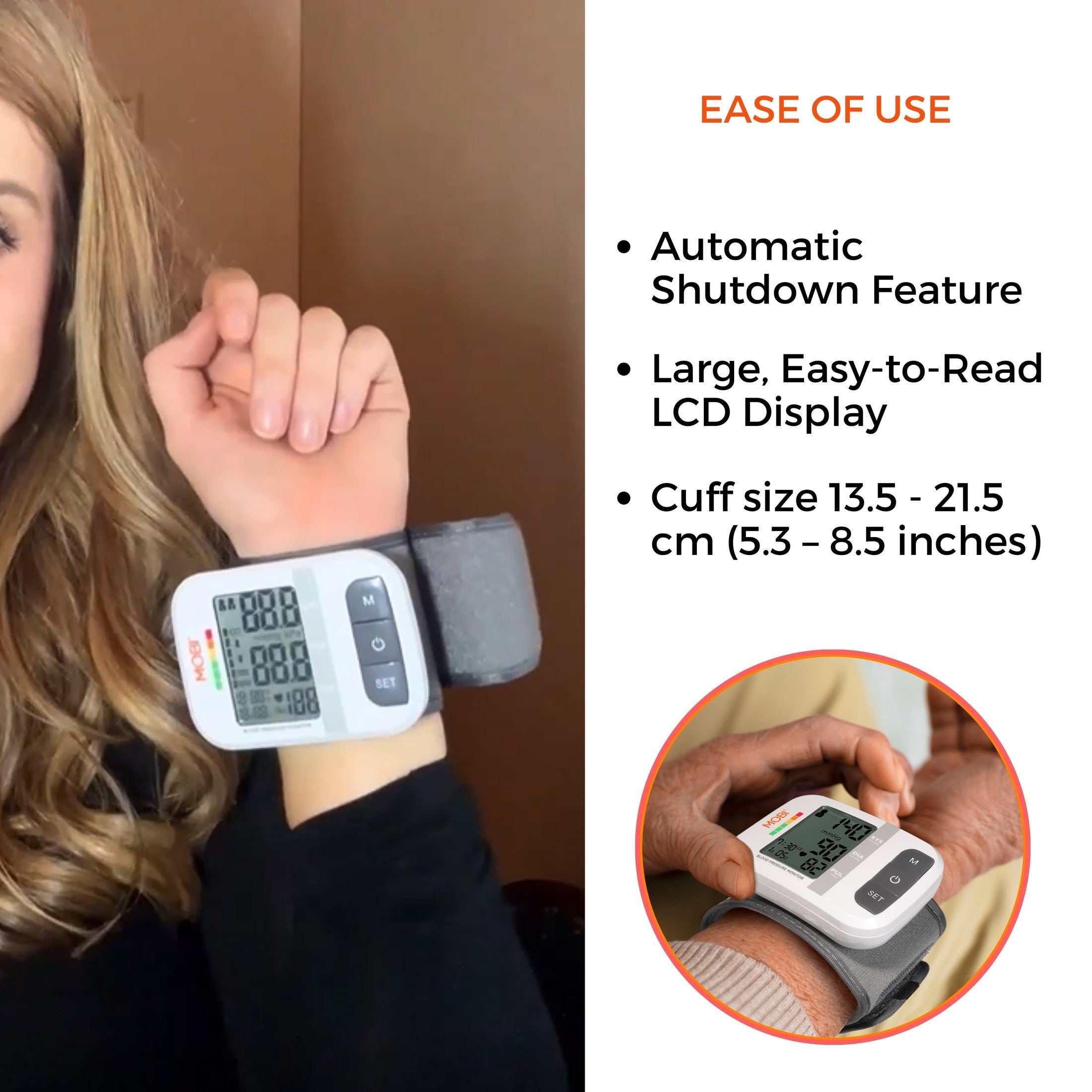 Mobi Automatic Wrist Cuff Blood Pressure Monitor with Large LCD Display