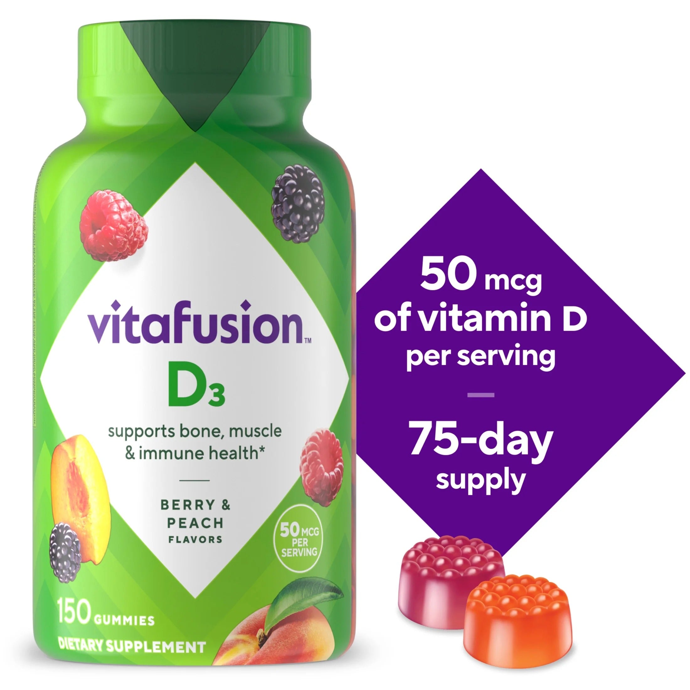 Gomitas de vitamina D3 Vitafusion de 50 mcg con sabor a frutos rojos y melocotón 
