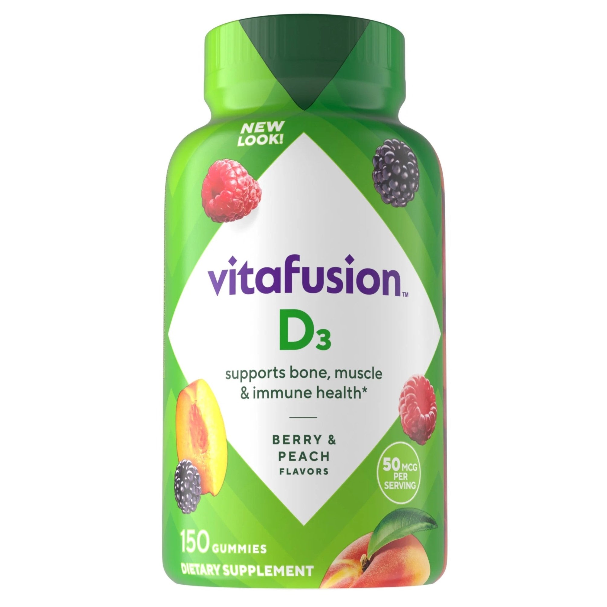 Gomitas de vitamina D3 Vitafusion de 50 mcg con sabor a frutos rojos y melocotón 