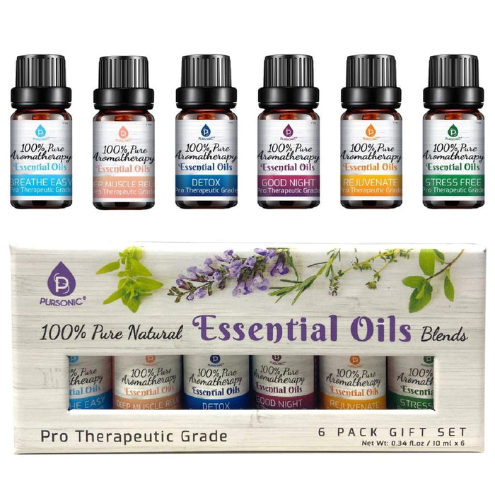 Pursonic 100% Pure Essential Oil Blends & Aromatherapy Oils Set - 6 Varieties