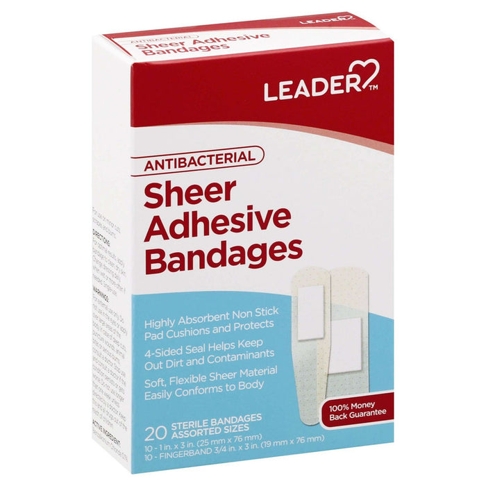 Leader Tm Adhesive Bandages Sheer Antibacterial Assorted 20 Ct