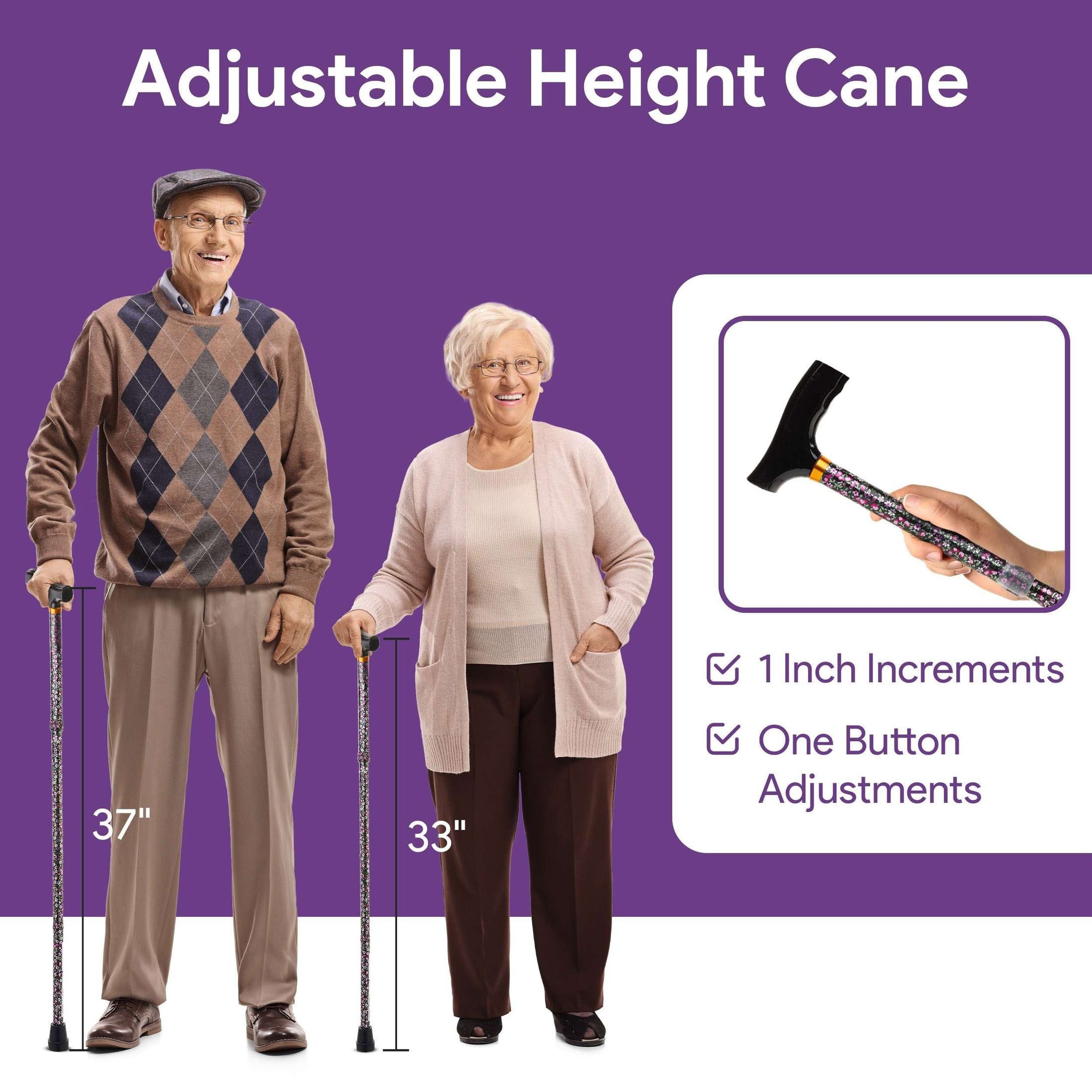 Adjustable Height Folding Black Floral Design Walking Cane shophomemed