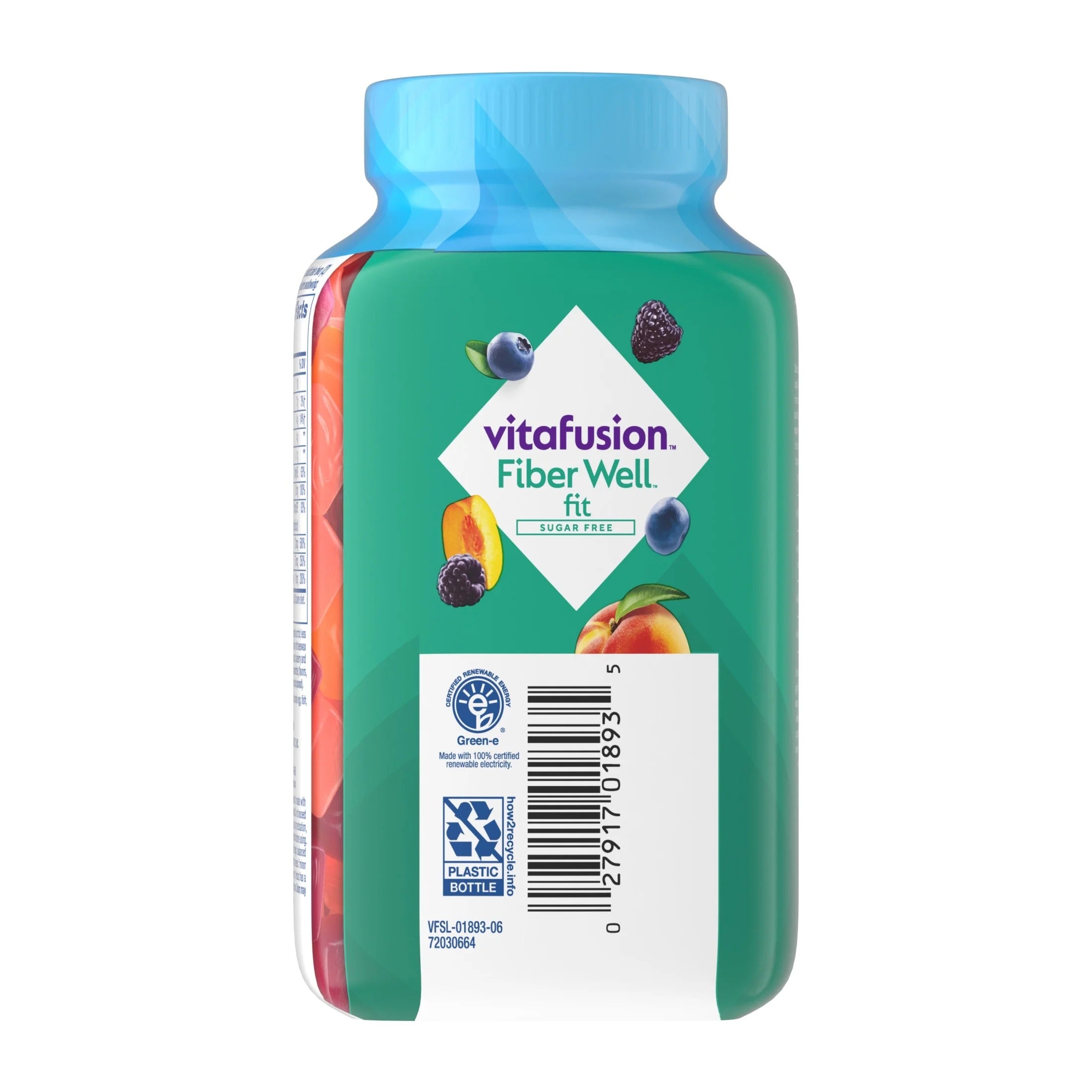 Suplemento de gomitas Vitafusion con fibra sin azúcar y sabor a frutos rojos y melocotón. 