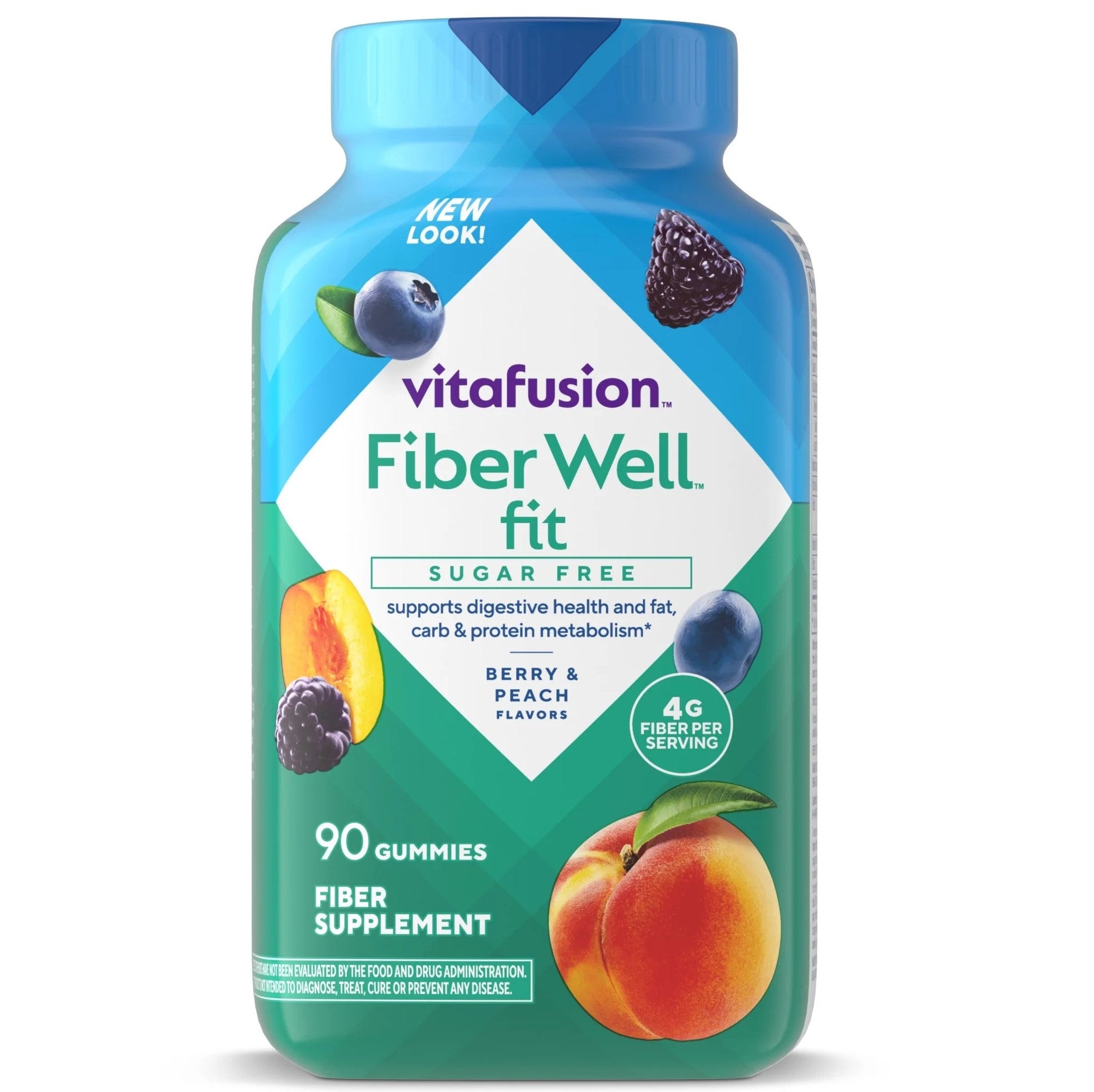 Suplemento de gomitas Vitafusion con fibra sin azúcar y sabor a frutos rojos y melocotón. 