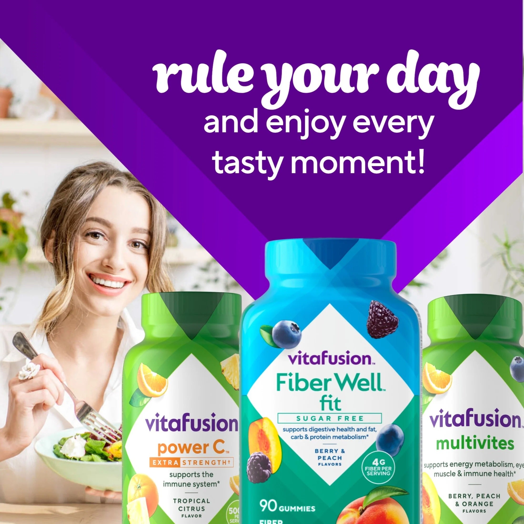 Suplemento de gomitas Vitafusion con fibra sin azúcar y sabor a frutos rojos y melocotón. 