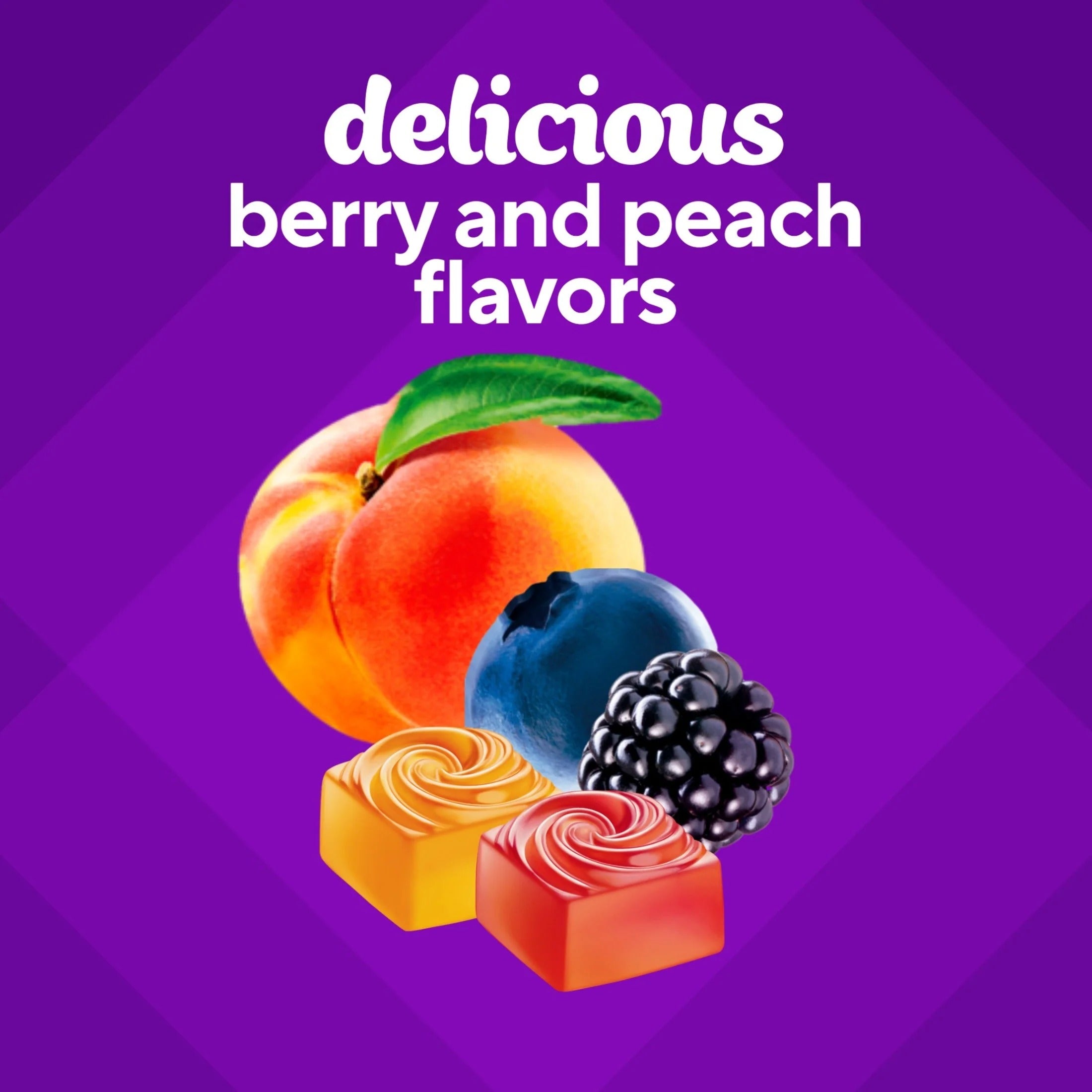 Suplemento de gomitas Vitafusion con fibra sin azúcar y sabor a frutos rojos y melocotón. 