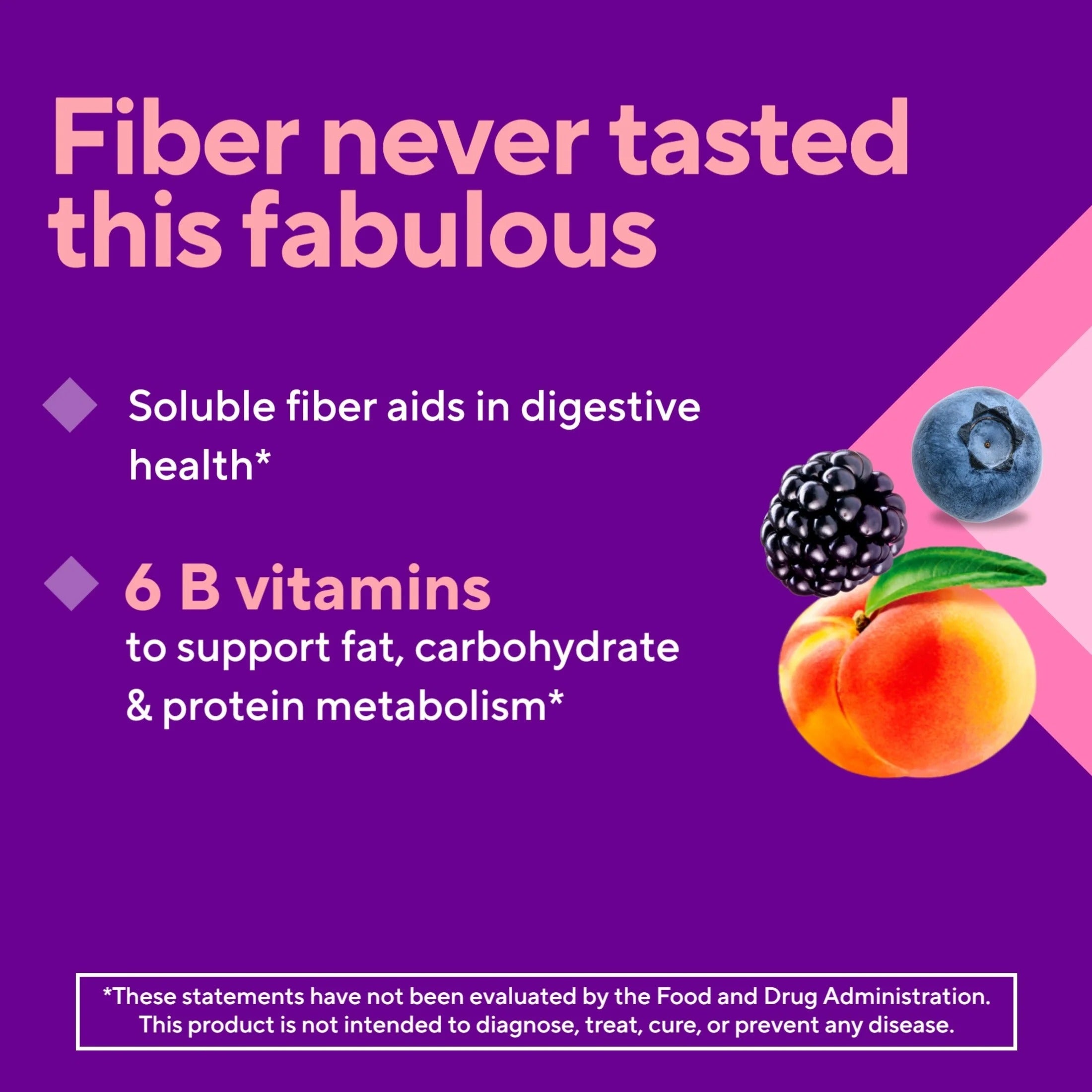 Suplemento de gomitas Vitafusion con fibra sin azúcar y sabor a frutos rojos y melocotón. 