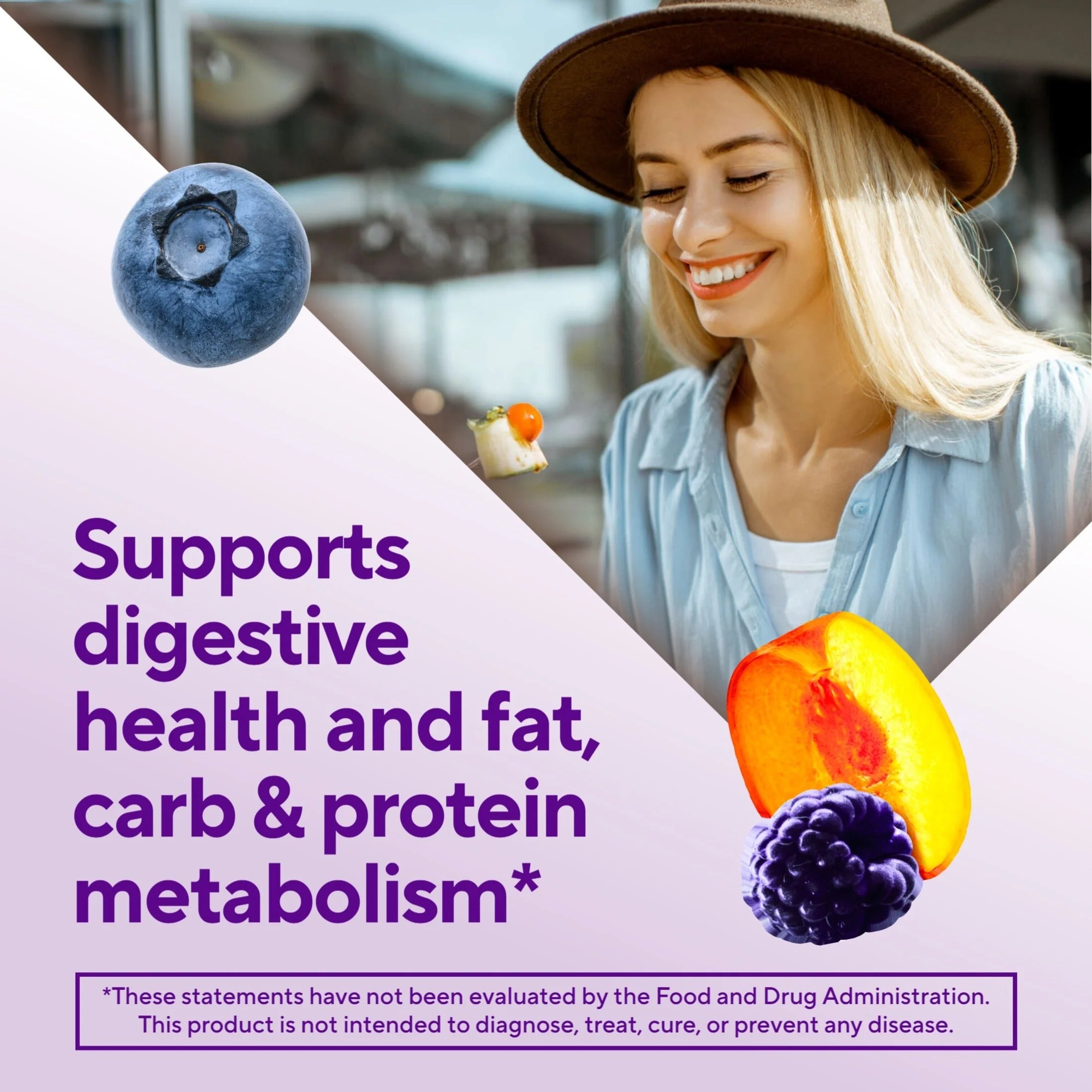 Suplemento de gomitas Vitafusion con fibra sin azúcar y sabor a frutos rojos y melocotón. 