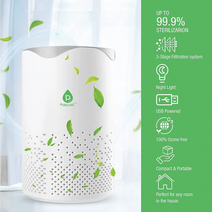 Pursonic Air Purifier with 6-Pack Essential Oils & USB Powered True HEPA Filter