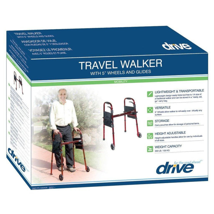 Drive Medical Portable Folding Walker with 5" Wheels and Fold up Legs