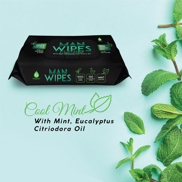 Pursonic Flushable Man Wipes 1200 Mint-Scented Aloe Vitamin E Plant-Based - 12 Ct