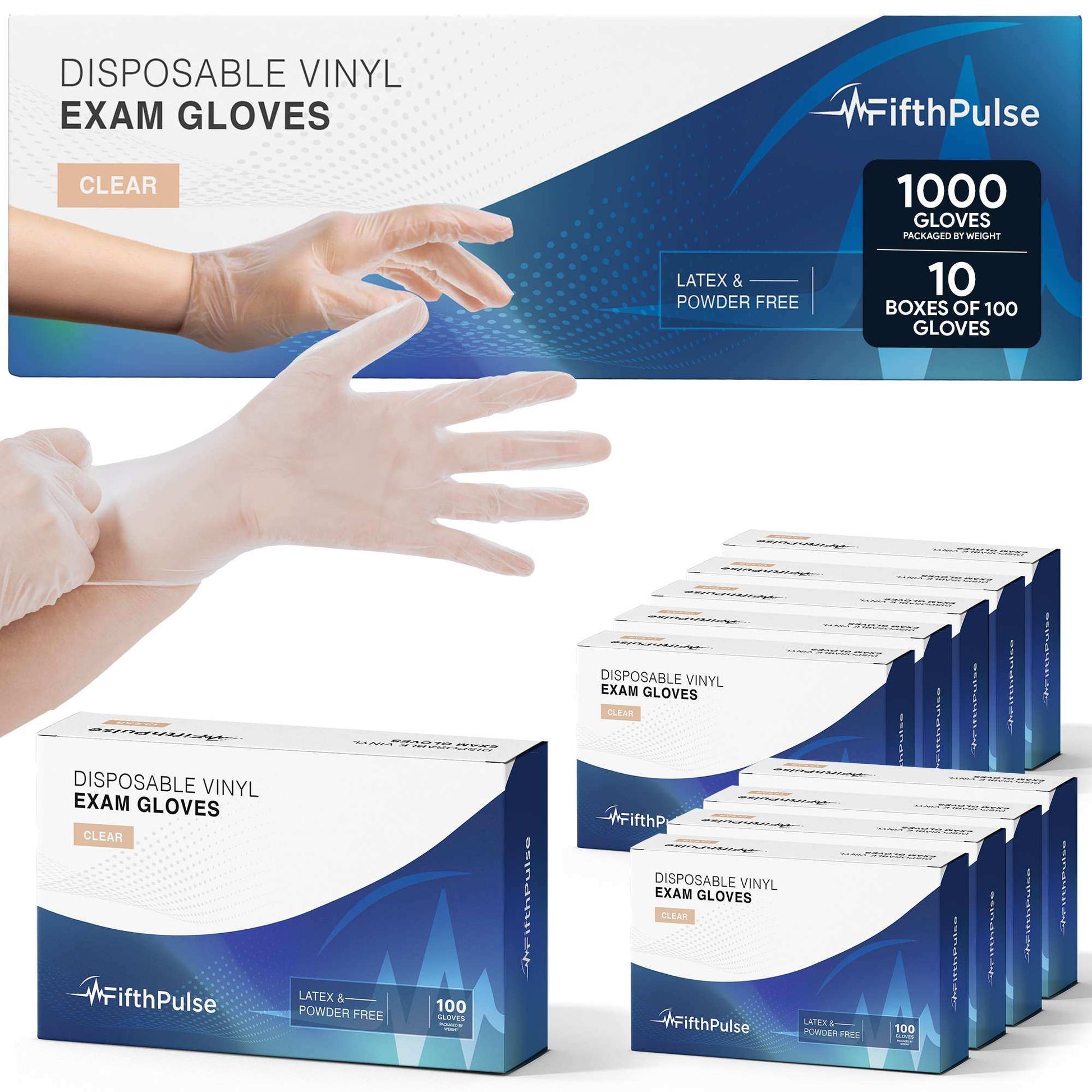 FifthPulse Bulk Clear Vinyl Gloves Disposable Latex & Powder Free - 1000 Ct