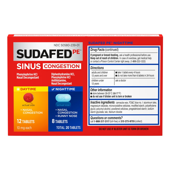 Sudafed PE Day + Night Sinus Congestion Relief Decongestant Tablets - 20 Ct