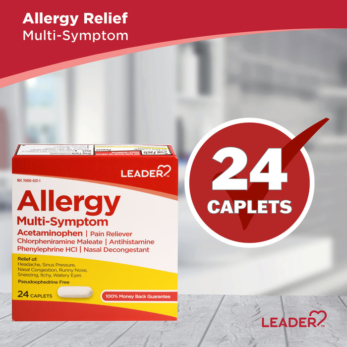 Leader Allergy Multi-Symptom Acetaminophen & Pain Reliever Caplets - 24 Ct