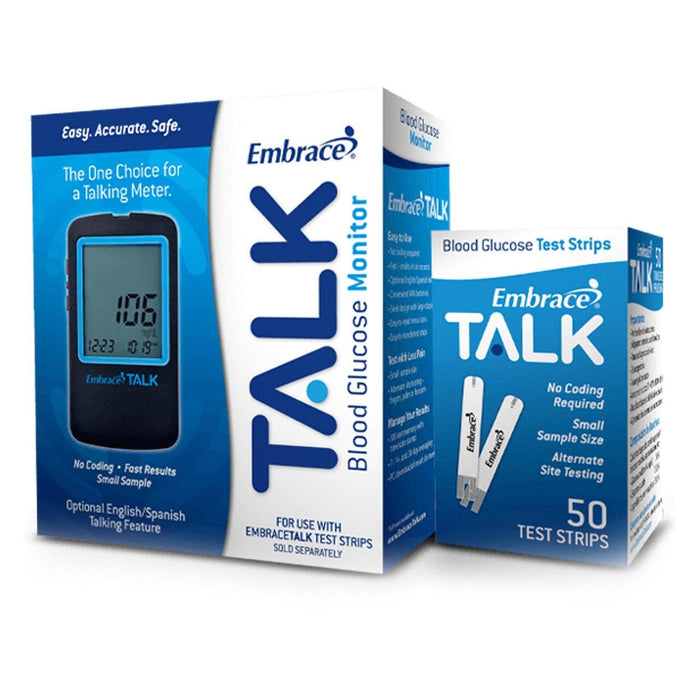 Embrace TALK Blood GlucoseMeter Kit - 3Monitors,15Bxs Test StripX50 Ct