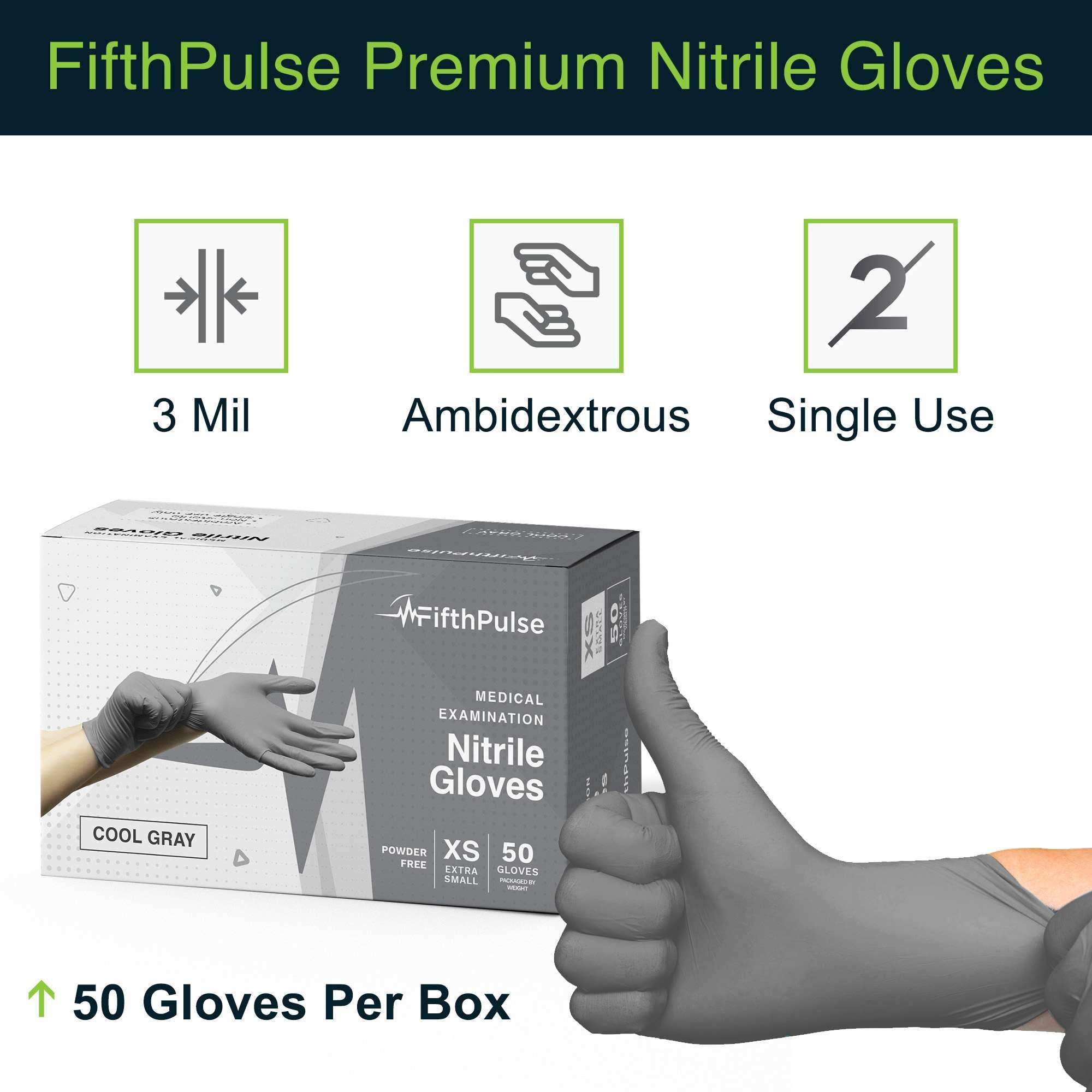 FifthPulse Cool Gray Disposable Nitrile Medical Gloves