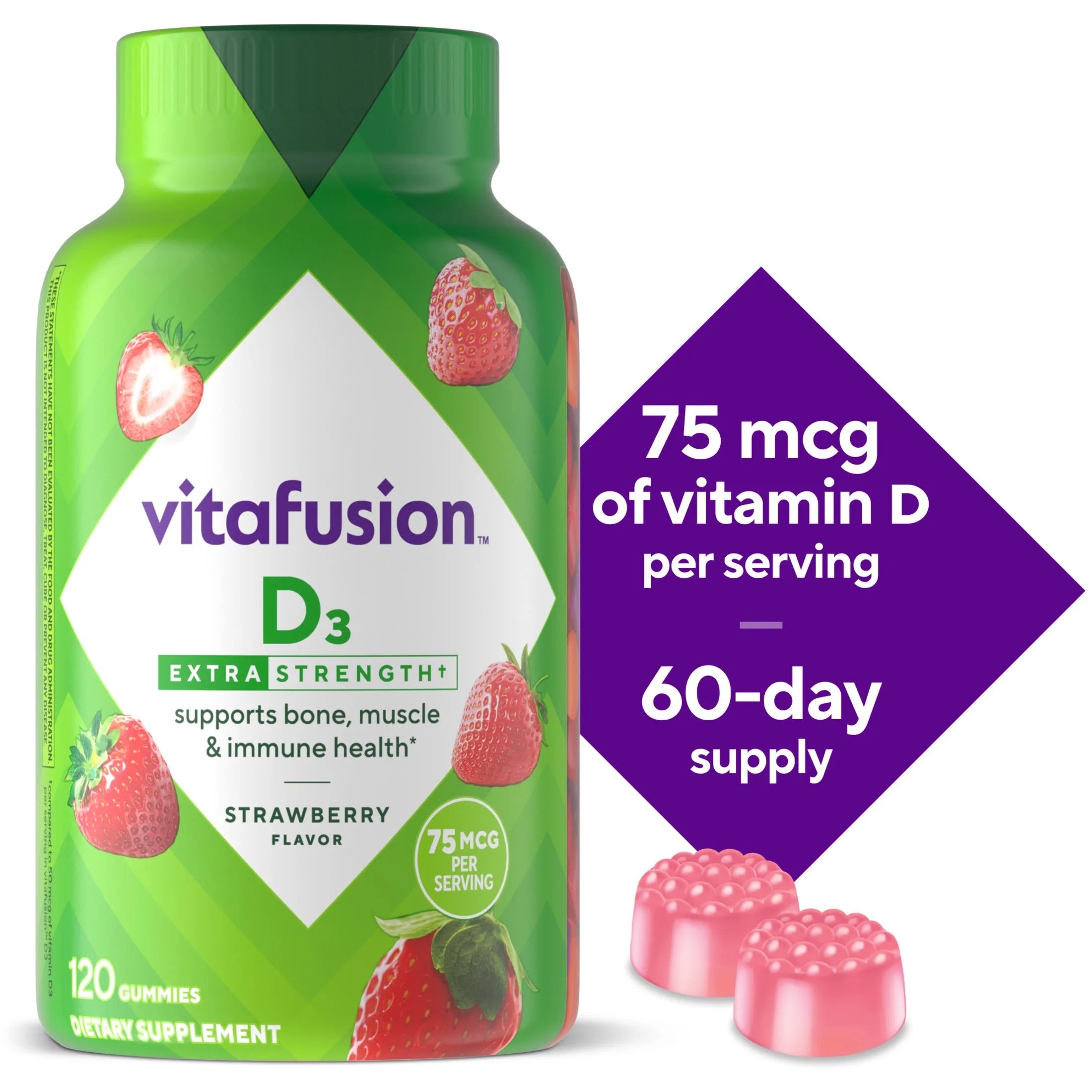 Gomitas de vitamina D3 Vitafusion Extra Fuerte de 75 mcg sabor Fresa 