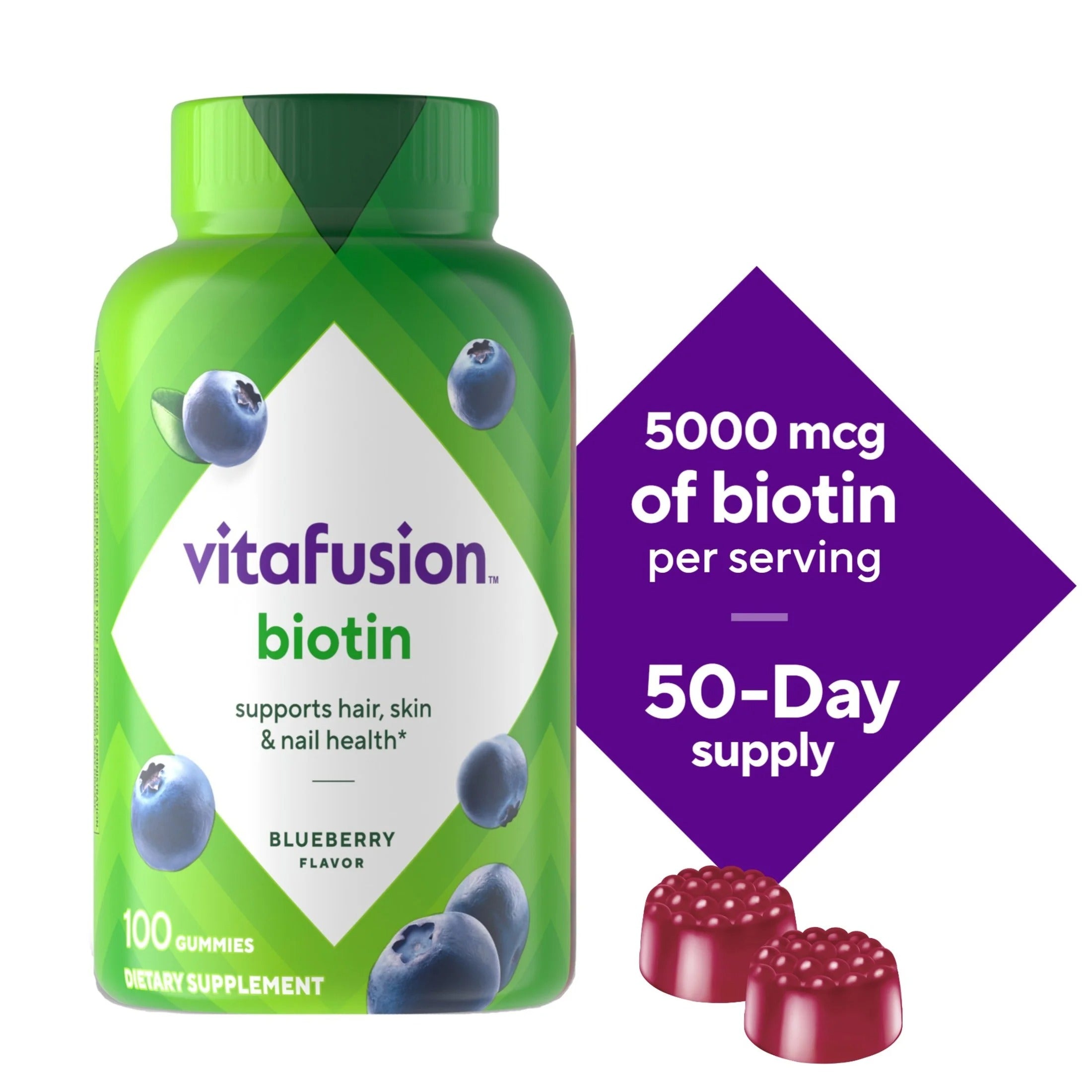 Suplemento gomoso de biotina extrafuerte Vitafusion de 5000 mcg con arándanos 