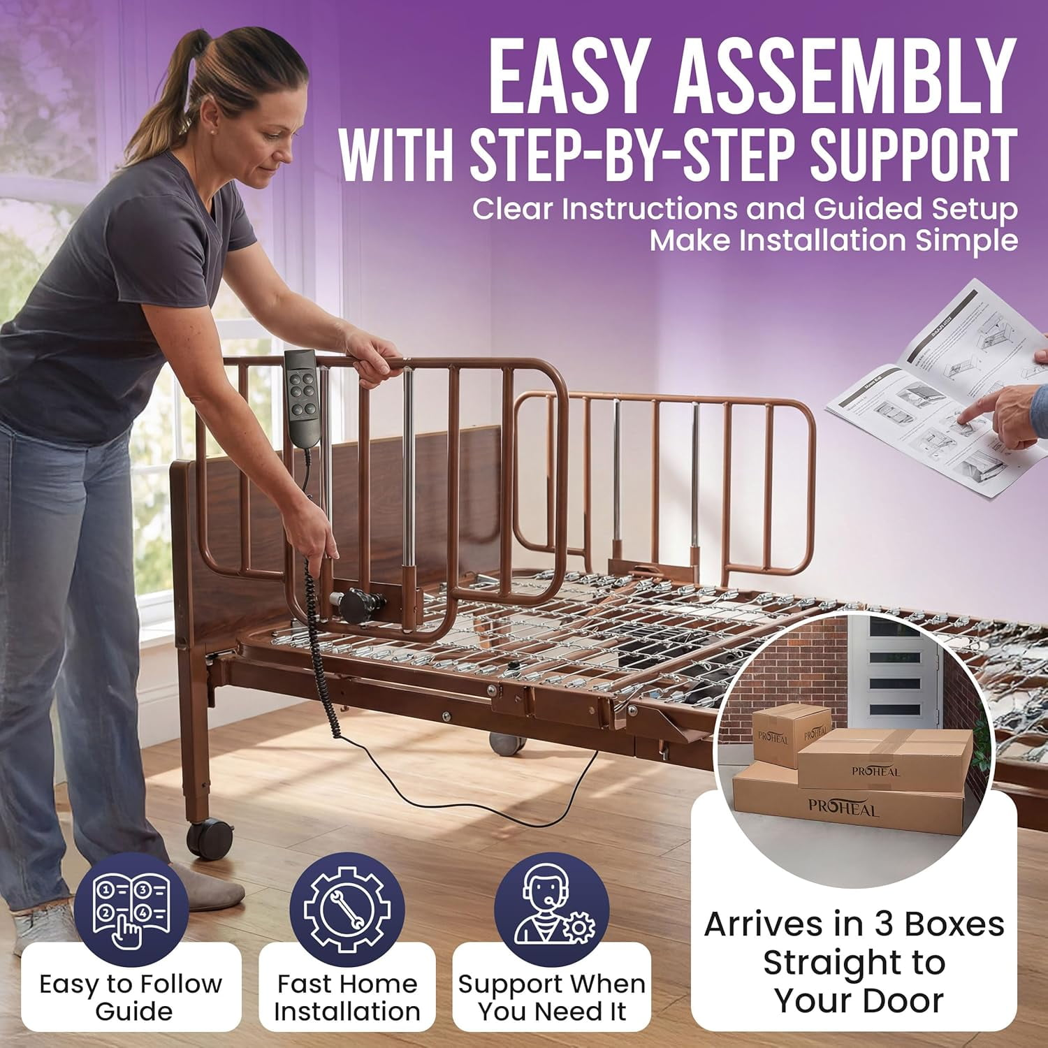 Full Electric Hospital Bed with Foam Mattress - Half Rails - Adjustable Height