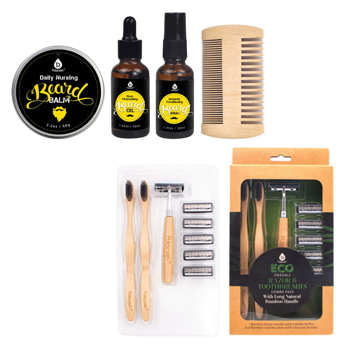 Pursonic Grooming Bundle: Beard Kit Derma Roller Vitamin C Eco Razor