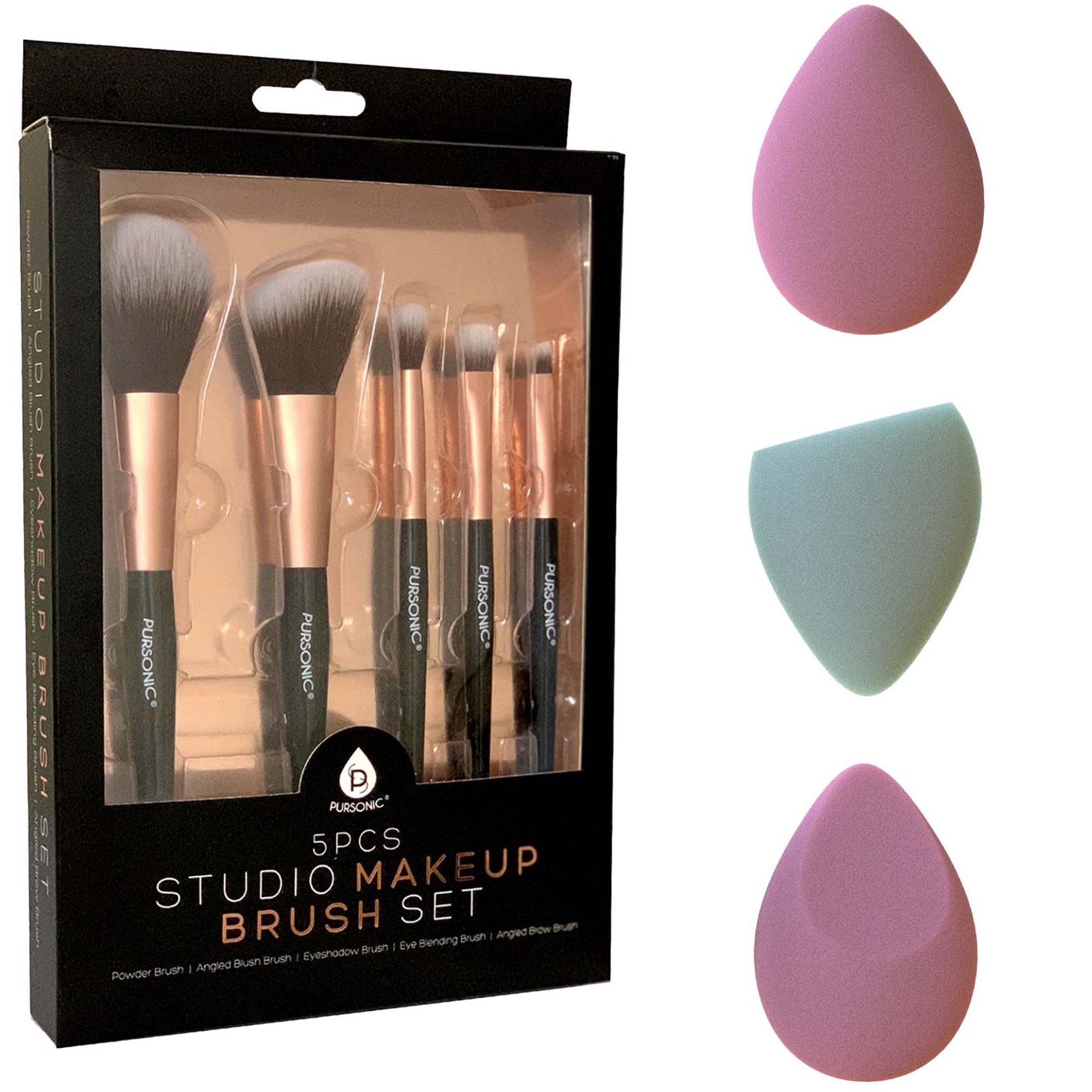 Pursonic 5-Piece Studio Makeup Brush Set and 3-Pack Beauty Makeup Sponge Blenders for Flawless Application Essentials shophomemed