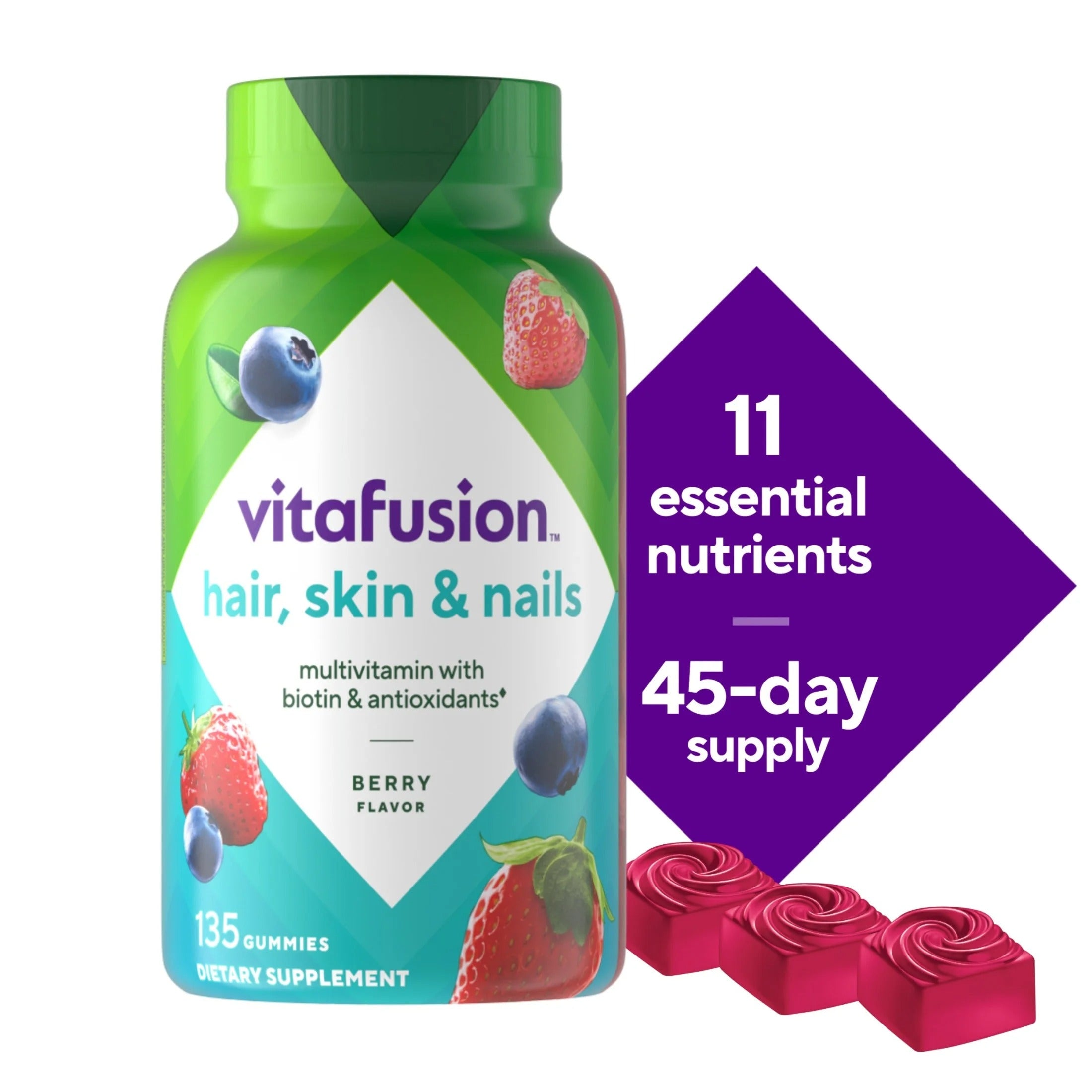 Multivitamínico gomoso Vitafusion para cabello, piel y uñas magníficos con biotina y sabor a frutos rojos 