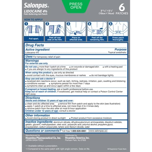 Salonpas Maximum Strength Lidocaine 4% Pain Relieving Gel-Patch