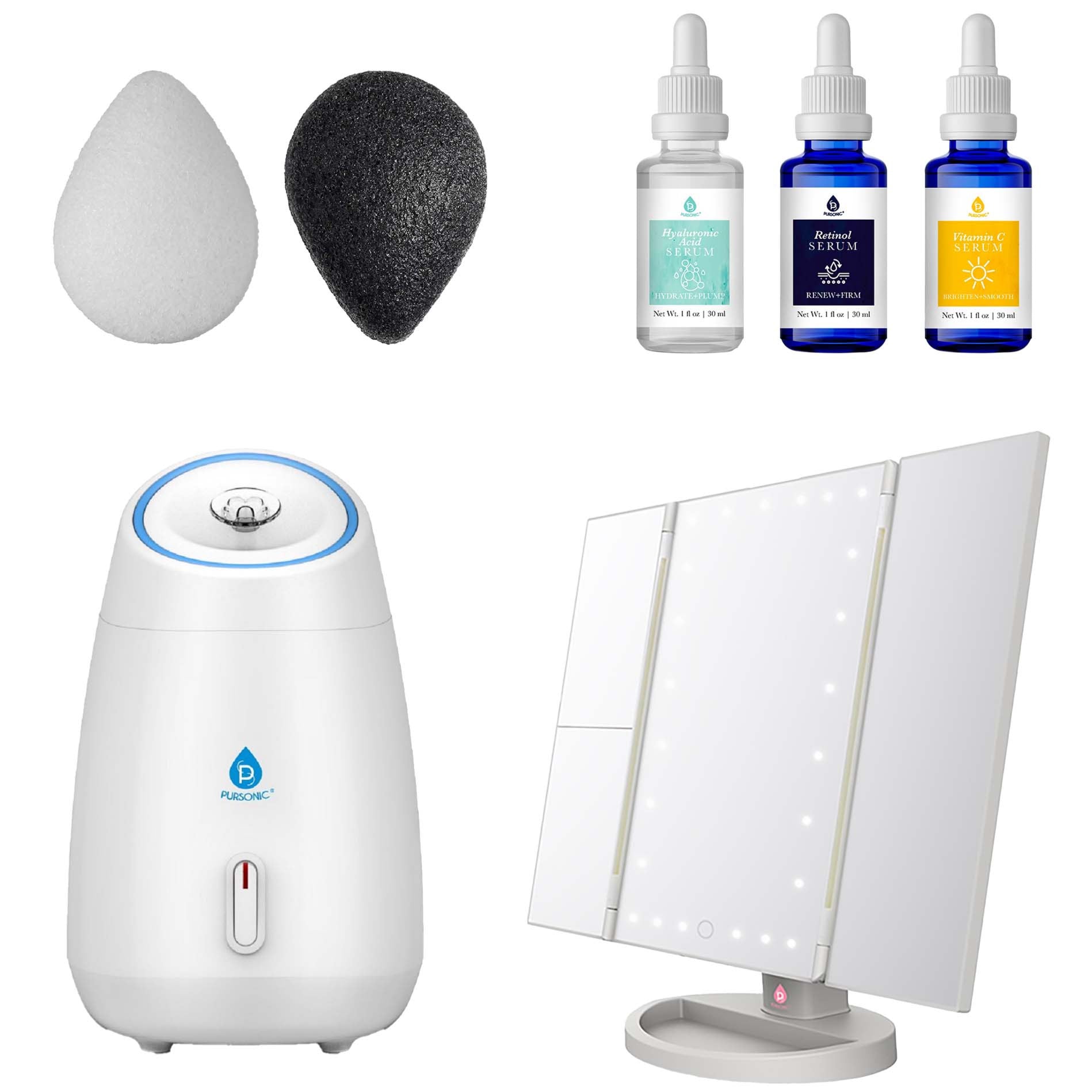 Pursonic Tri-Fold Vanity Mirror, Facial Steamer, Anti-Aging Serum Set and Konjac Sponge Duo Beauty Bundle shophomemed