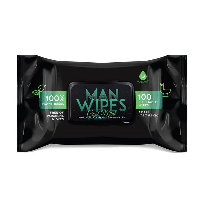 Pursonic Flushable Man Wipes 1200 Mint-Scented Aloe Vitamin E Plant-Based - 12 Ct