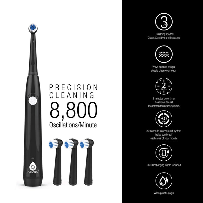 Pursonic Rotary Toothbrush, USB Rechargeable with 3 Heads & 8,800 RPM