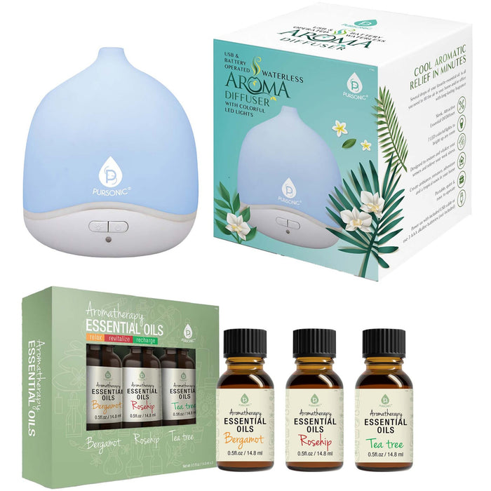 Pursonic Waterless Aroma Diffuser + Aromatherapy Essential Oils