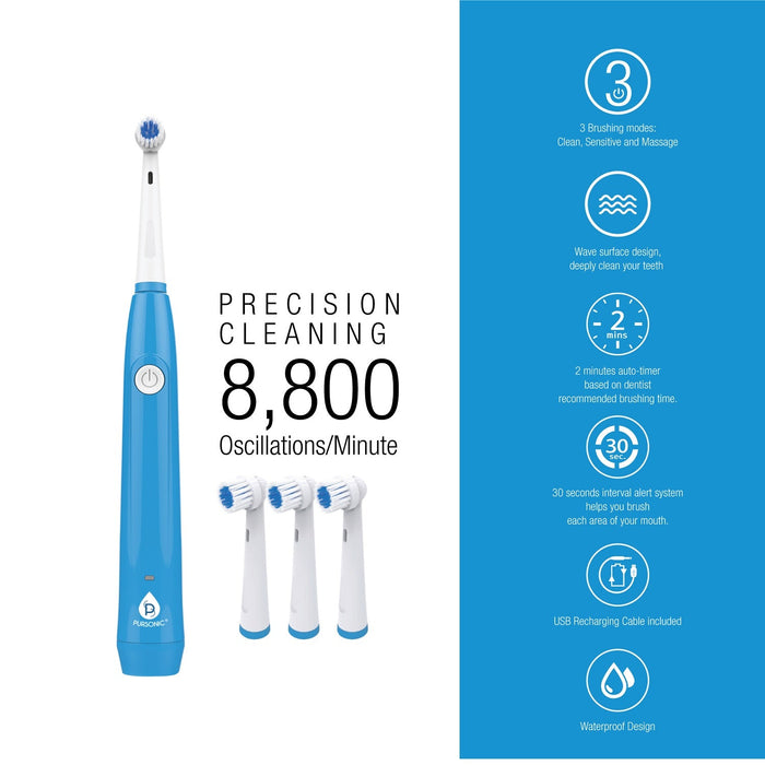 Pursonic Rotary Toothbrush, USB Rechargeable with 3 Heads & 8,800 RPM