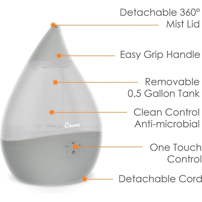 Crane Droplet Ultrasonic Cool Mist Humidifier Grey - 0.5 Gallon - Shop Home Med