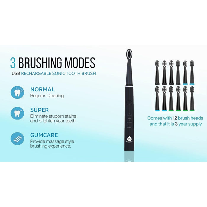 Pursonic USB Rechargeable Sonic toothbrush with 12 Brush Heads