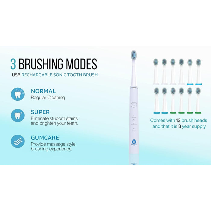 Pursonic USB Rechargeable Sonic toothbrush with 12 Brush Heads