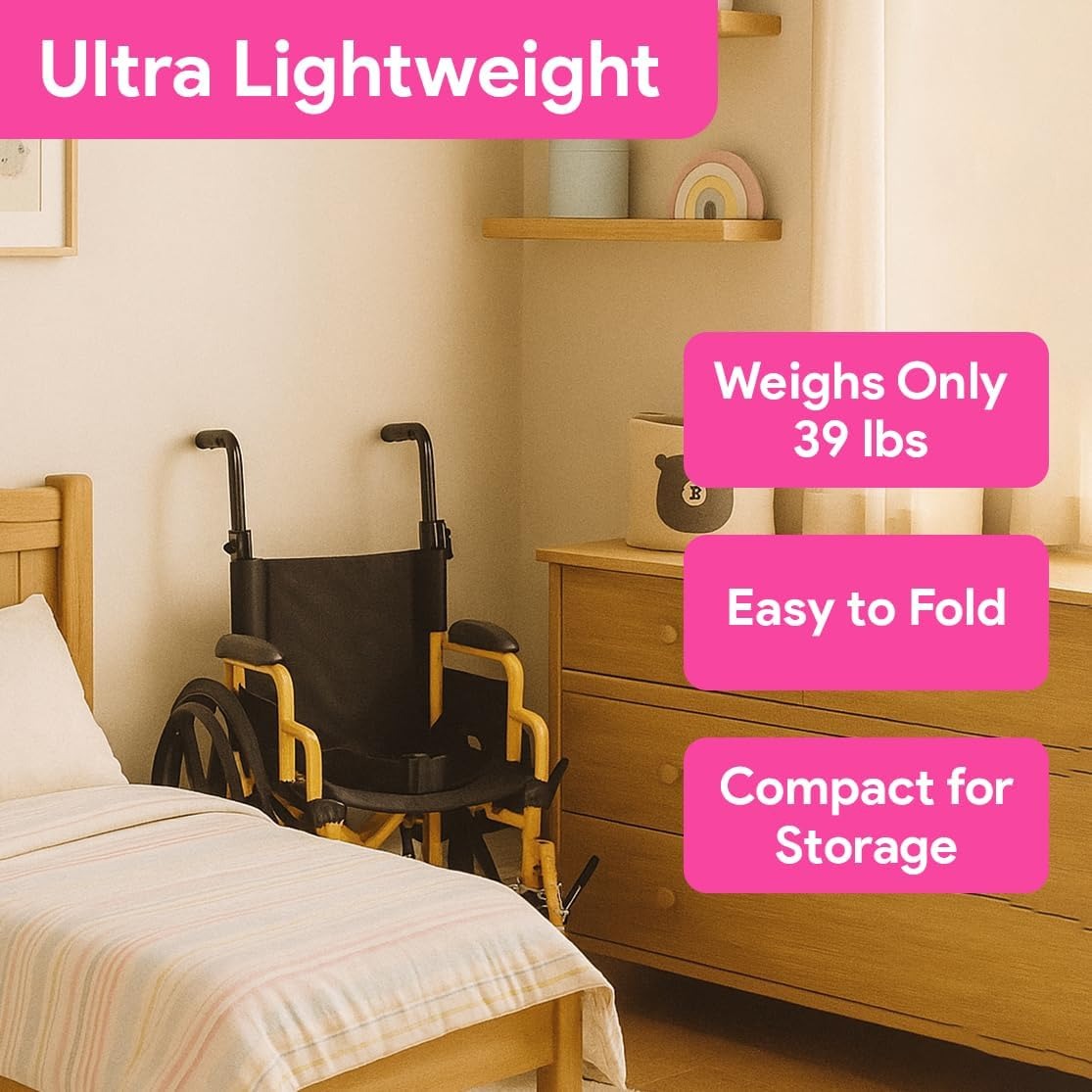 Silla de ruedas pediátrica Smilez, divertida y ligera, para niños con asiento acolchado y antivuelco