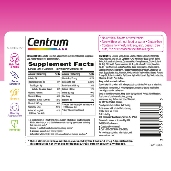 Centrum Multi Plus Beauty Women's Multivitamin Gummies Fruit Flavors - 100 Ct