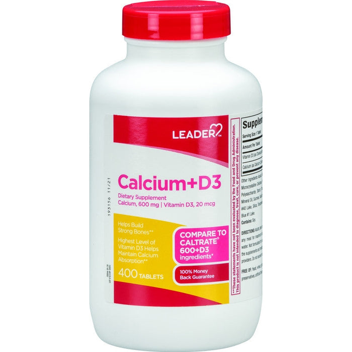 Tabletas de suplemento dietético Leader Calcium 600 mg más vitamina D3 20 mcg