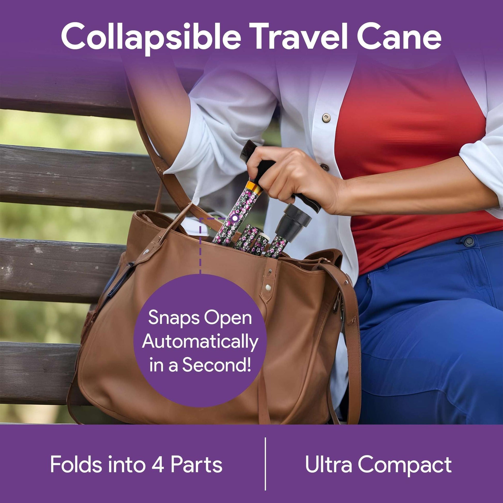 Adjustable Height Folding Black Floral Design Walking Cane shophomemed