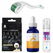 Pursonic Radiance Boost Bundle: Derma Roller, Vitamin C Serum, Anti-Aging Eye Gel & Charcoal Mask - 4-Step Skincare Set for Youthful Glow shophomemed