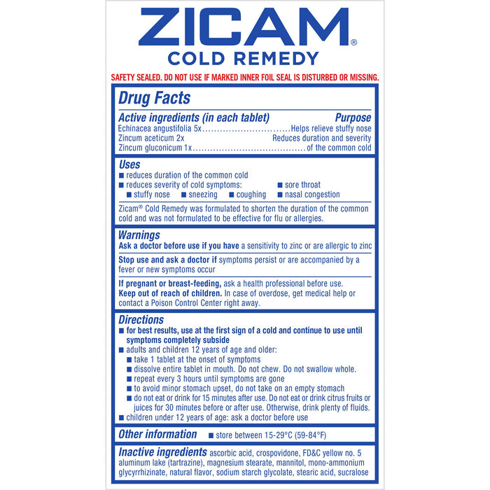 Zicam Homeopathic Cold Remedy Cold Shortening Rapidmelts Tablets